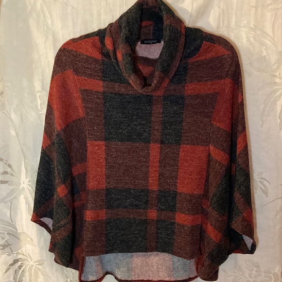 ❤️🔥5/20$❤️🔥ECLIPSE 💫 Womens Plaid Red Sweater Poncho - Picture 3 of 8